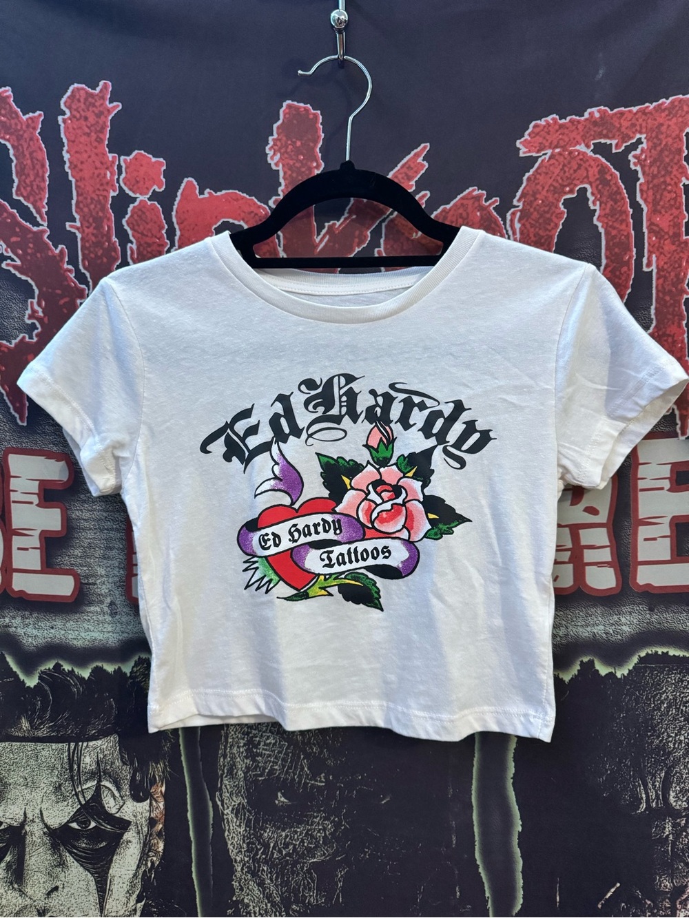 Ed Hardy White Graphic Tee with Rose Tattoo Art
